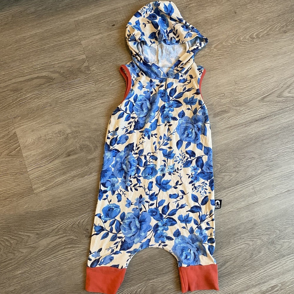 Rags to Raches 12-18 Months Romper Hood Tank Blue Rose Floral Stretch